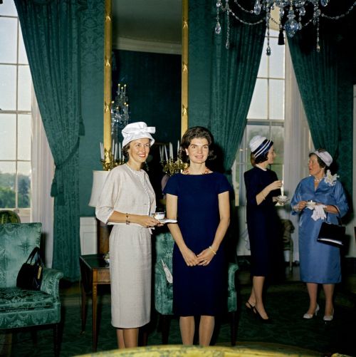 Louise Brewer Shepard and Jacqueline Kennedy
Reception following the presentation of the NASA Distinguished Service Medal to astronaut Commander Alan B. Shepard. Green Room, White House. 5/8/61