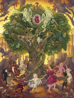 archiemcphee:  Tree of Life by Heather Watts, currently on exhibit at the Art Gallery of Calgary. This entire painting is awesome! The more we look at it, the more wonderful details we notice, but our favourite part is the unicorn. [via Arrested Motion]