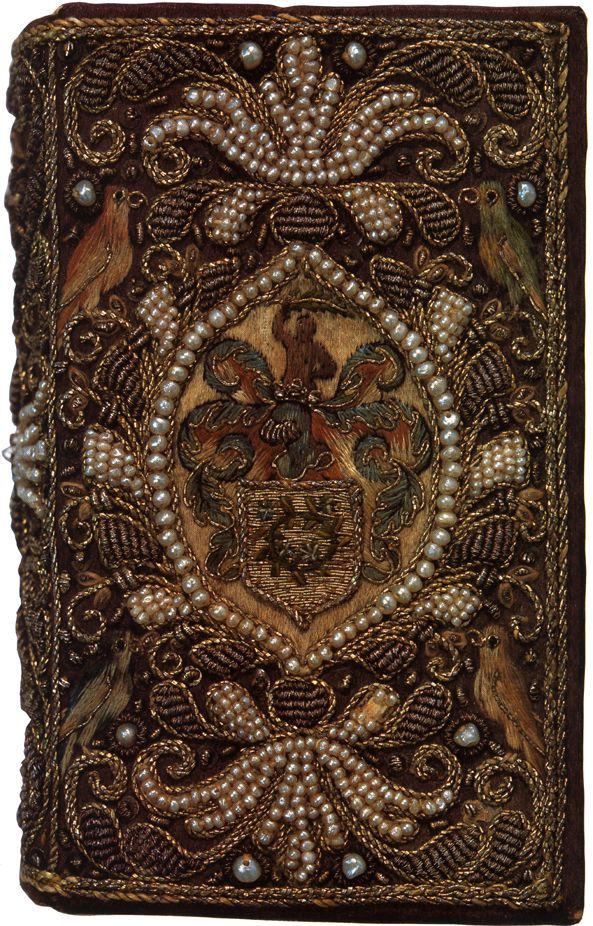 yama-bato:  An embroidered binding in purple satin with seed perls and bullion on