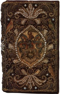 yama-bato:  An embroidered binding in purple satin with seed perls and bullion on a copy of The Whole Book of Psalms, London, 1641. Lessing J. Rosenwald Collection, Library of Congress. (8.2 cm. by 5 cm. by 2.5 cm) 