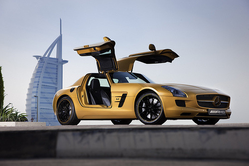 automotivated:The “Desert Gold” Mercedes-Benz SLS AMG in front of the Burj Dubai