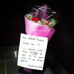 thedailywhat:  Flowers For Someone Special of the Day: Found in an elevator on Valentine’s Day. Transcript:  Dear Elevator Person, Stood up… :S ….please take these only if you are on your way to see someone special. , Stood-up guy.  Well that’s