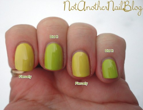 When I bought Did It On ‘Em I immediately thought it might be a dupe for Fiercely Fiona but here you can see that I was so very wrong.
Fiercely Fiona is a yellow base with a green cast to it- actually it reminds me of a banana Laffy Taffy. It’s...