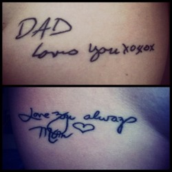 iheartdrizzydrake:  aingealbriste:  I got these a couple months ago for my parents who passed away when I was in high school. Its exact copies of their handwriting from birthday cards. I absolutely love them  