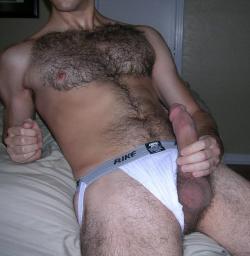Hairyones4U:  Hairy Hottie With Cock Sticking Out Of Jockstrap