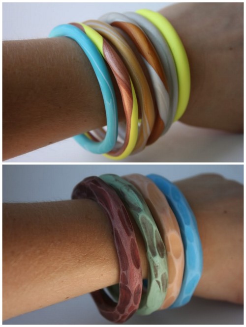 DIY Polymer Twisted Color Polymer Bangles (top) and Hand Carved Polymer Clay Bracelets (bottom). I l