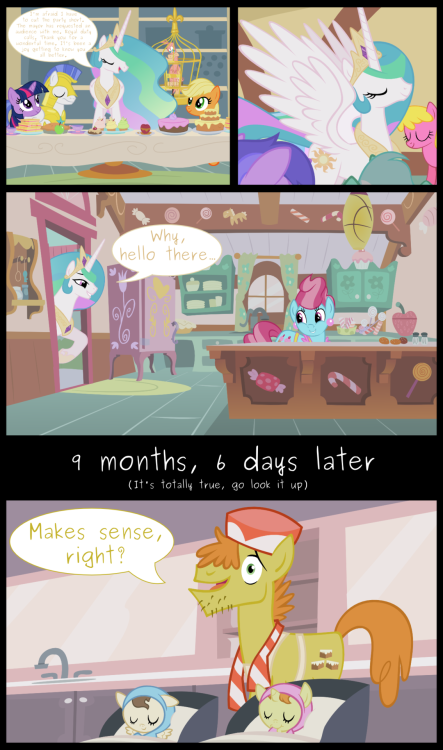 Making Sense by *adcoon omg XD this explains EVERYTHING! Not only the fact that the babies aren’t earth ponies, but also why they immediately had such strong abilities! And well, equine gestation takes 11 months… but ponies are not horses,