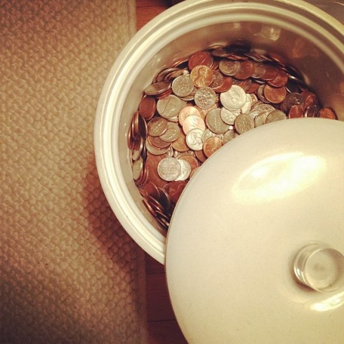 Dimes, nickels, pennies. About two inches left to the top. Not counting &lsquo;til it&rsquo;