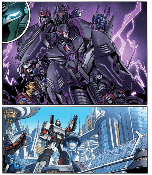 naomimonalpha:  From the IDW Transformers comic. The difference in what Optimus and Megatron think Megatron’s victory will look like. Amazingly it isn’t the “bad guy” who pictures himself on a throne of skulls. To be fair though it’s a pretty