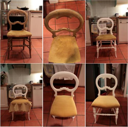 a damaged chair i got from a house clearance place. gave it a lick of paint, replaced the bottom, pushing the stuffing back inside and finally re-covered it with mustard velvet. :)
