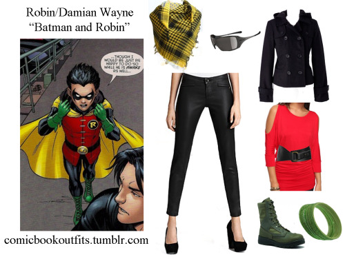 comicbookoutfits:Robin/Damian Wayne - Batman and RobinSunglasses Scarf Peacoat Bangles Belt Tunic Bo