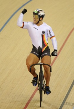 fuckyeahcycling:Germany’s Robert Forstemann gestures after winning the men’s Sprint quarter final race 3 against France’s Kevin Sireau at the UCI Track Cycling World Cup, a test event for the London 2012 Olympic Games, at the Velodrome in the Olympic