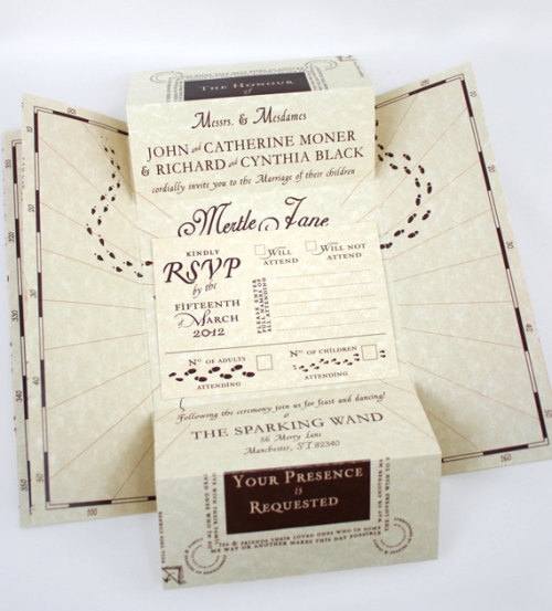 danceintheflame:  Harry Potter wedding invitations I found on etsy. This could be the most adorable and romantic thing inspired by the movie. I love it.  They are on the etsy shop  oneLittleM owned by Melissa Meek. Had to share. 