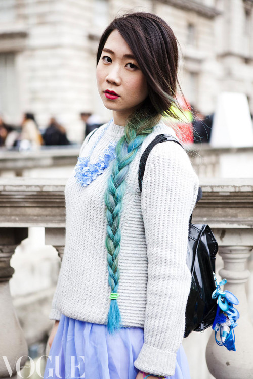 vogueaustralia: Dip-dyed blue plait. See more street style from London Fashion Week. Image by Candic