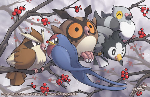 deviantbirds:  Fat Bird Type by ~zimmay If ‘fat bird’ was a specific type of Pokemon, these five from each generation would fit the bill, (haha get it, fit the… nevermind). Hoothoot seems to have eaten a weird berry. 