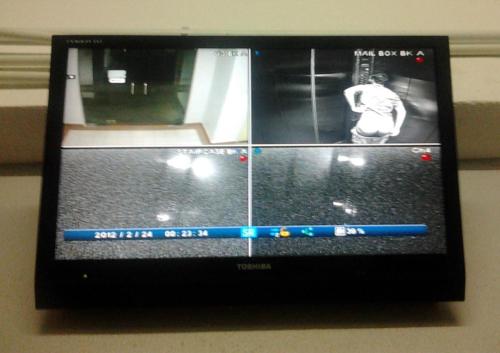 Mooning in the lift where security cameras record the images