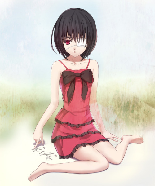 d-flag:  another black hair dress eyepatch koyama tomosato misaki mei red eyes sitting wariza