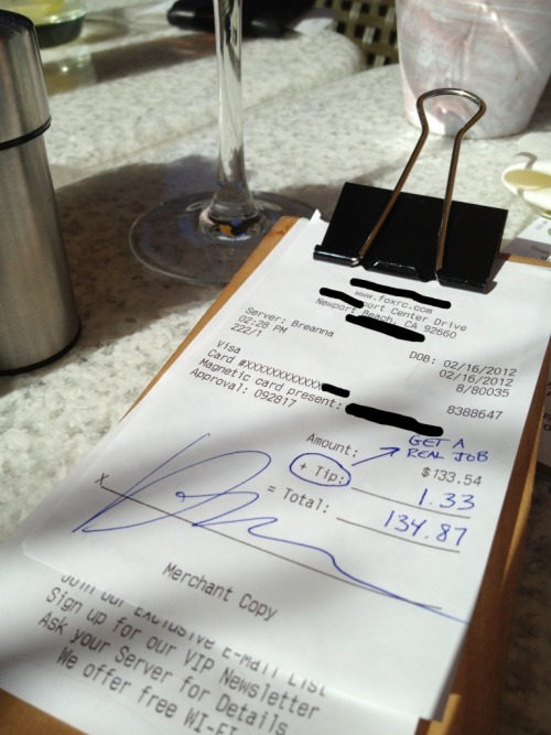 thedailywhat:  Terrible Tipper of the Day: Twitter @FutureExBanker says (by way of Eater): “my jerk boss tips exactly 1%” because he loathes the 99%.” He also apparently felt the need to tell True Food Kitchen server Breanna to “get a real job.” 