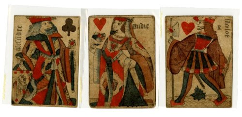 Three court playing-cards with French suit-marks. The cards are the knave and queen of hearts and th