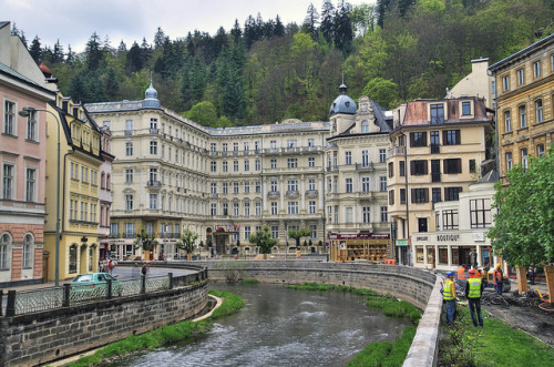 by lights2008 on Flickr. Hotels along the river in the famous spa city of Karlovy Vary, Czech Republ