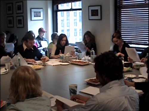 Jason Sudeikis, Kristen Wiig and Tina Fey doing the table read for episode 33x05, 2008.