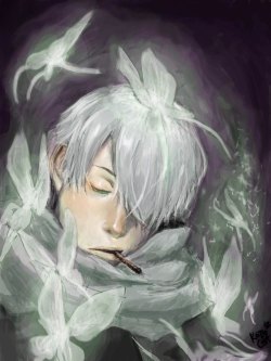 kobochasketch:  Finished watching Mushishi the other day and attempted a fan art of Ginko… (This one is loosely based off episode 15.)