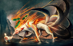 sakimichan:  Okami inspired, nine tailed fox and a pup XD;;; 