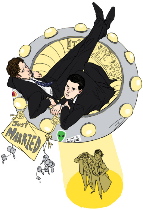 HAY EMMA I FOUND IT HOPE YOU LIEK ITeetee: hey will you please draw my otp agent mulder (xfiles) and agent cooper (twin peaks) in a ufo that says “just married” on the back, its okay if shelrock is there too