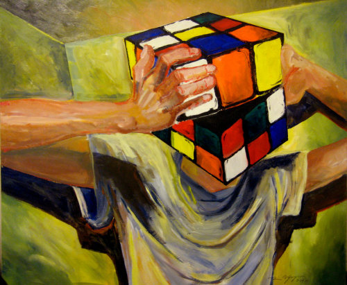 timtdesigns: The Hardest Puzzle to Solve Did this painting/self-portrait back in my freshman year of