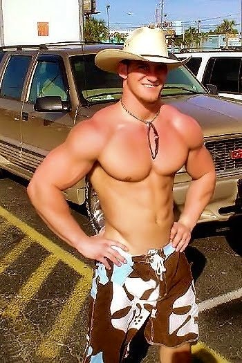 randydave69:  boner-riffic:  Thick pec’d frat boy in a cowboy hat & boardshorts  Oh yeah he knows he’s a hot fucker, but I still want to suck his cock in the gas station toilet! THIS STUD blog will GET YOU OFF: http://fukbuddy1.tumblr.com/  Yee