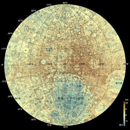 Beautiful map of the moon generated from the Japanese lunar space craft and mapping/imaging project Selene. This was one of the first ever HD topographical maps of the moon. The maps were created using 1,127,392 point measurements, taken with...