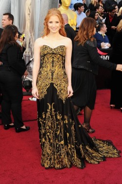 bohemea:  suicideblonde:  Jessica Chastain wearing custom Alexander McQueen at the 2012 Oscars, February 26th  It’s McQueen! Glourious McQueen!   CELEBRATE GOOD TIMES. COME ON! 