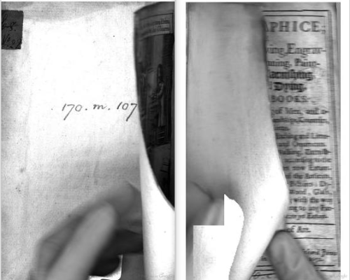 Employee’s hand captured turning the page.
From the front matter of Polygraphice by William Salmon (1672).