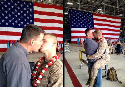 advocatephotos:
“Brandon Morgan, a U.S. Marine, reunites with his partner Dalan upon coming home to Hawaii. The photo went viral over the weekend and attracted mixed emotions, to which Morgan responded on his Facebook:
“ “To everyone who has...