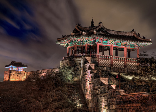 by Dapper snapper on Flickr. Night lights at Hwaseong Fortress - Suwon, South Korea.