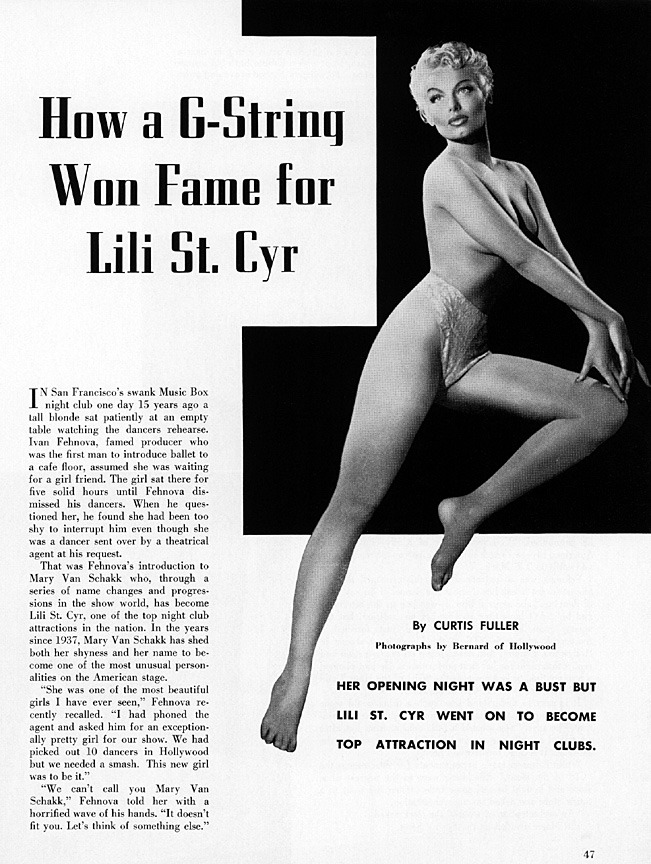  “How a G-String Won Fame for Lili St. Cyr” Title page from a Lili St. Cyr profile,