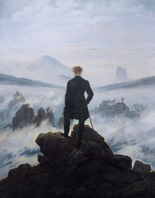 peril:Wanderer above the Sea of Fog (1818), oil on canvas, Kunsthalle, Hamburg | artwork by Caspar D