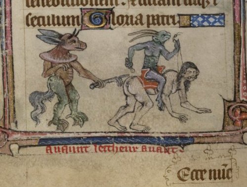 AVAUNT LETCHEUR AVANT! Book of Hours, England 14th century. BL, Yates Thompson 13, fol. 141v