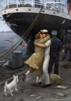 maidith:  Reunion at Ostend Harbour - Homecoming - 1945 Painted in Photoshop using a Wacom tablet. Took between 20-30 hours, spread over several days. Inspired by the fanfiction “Homecoming” by Azzy. Larger image here 