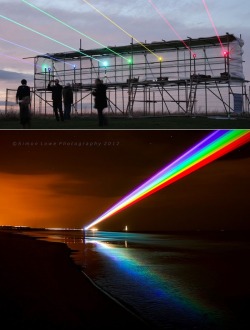 thedailywhat:  Artificial Rainbow of the Day: Seven colorful beams of light make up Yvette Mattern’s “Global Rainbow” installation, unveiled last night at St Mary’s Headland in North Tyneside. Celebrating the London 2012 Cultural Olympiad, the