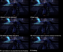 renegadespectre:  xD These damn krogan xDD  That krogan is so heartbroken if you tell him here are not fish on the Presidium. I was tempted to restart my save just to take it back because he was just so sad