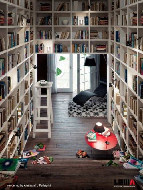 Want, if I had the space for it. Room leading to French doors, with floor-to-ceiling bookshelves alo