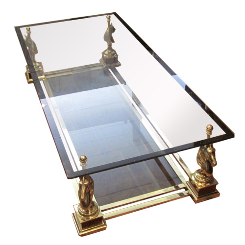 Neo-Classical Mid Century Coffee Table With Cast Bronze Horses Garnished With Burlwood By Maison Charles