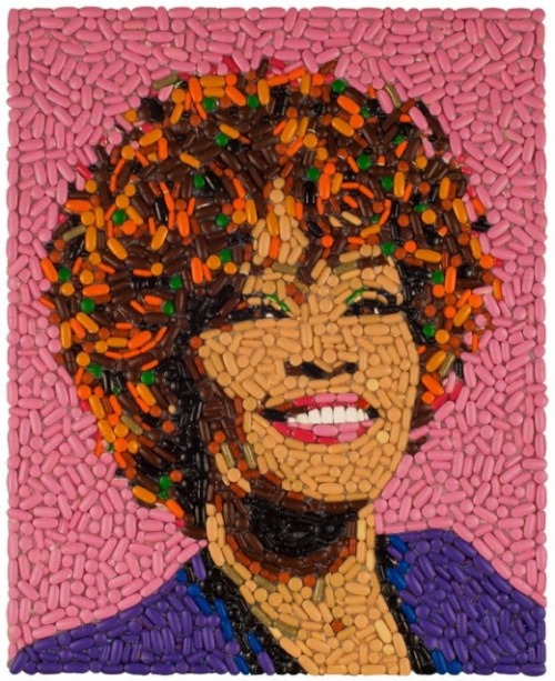 A portrait of late singer Whitney Houston made up entirely of pills has been created by mosaic artis