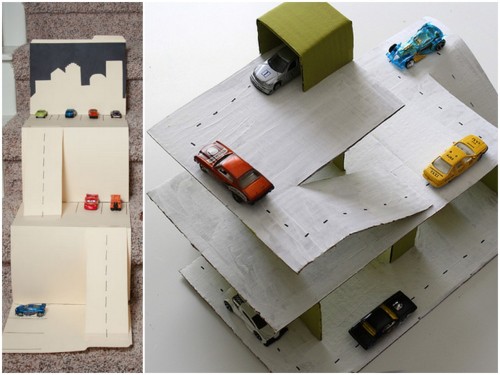 rainbowsandunicornscrafts:DIY Parking Garages for Kids. One uses four manila folders and the other c