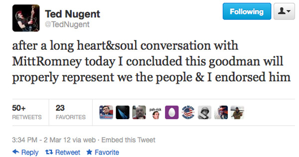 So while I was flying across the country with Mitt Romney today, Ted Nugent announced via Twitter he is backing the former Massachusetts governor for the Republican presidential nomination. His decision came after “a long heart & soul conversation”...