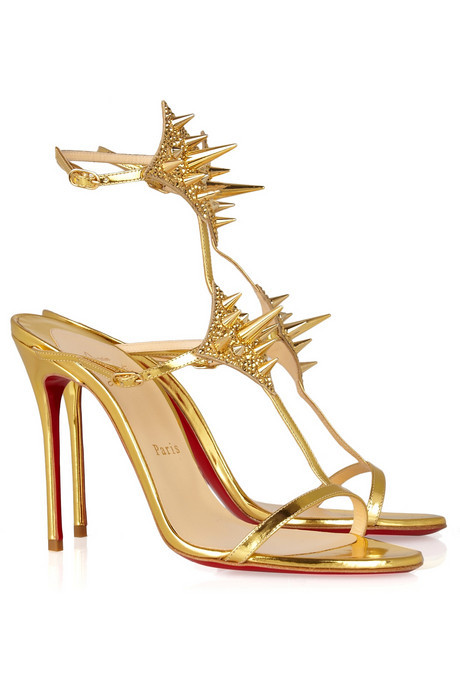 uppereastside:Christian Louboutin Lady Max 100 spike-embellished metallic leather sandals