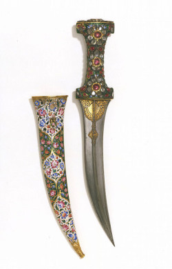 travellinganachronism:  Dagger and sheath. 18th century, Iran. Jewelled gilt blade. Enamelled sheath. 