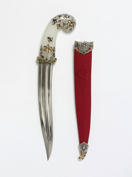 travellinganachronism:  Dagger and sheath. 17th century, India. Nephrite jade with diamonds, rubies and emeralds in gold.  