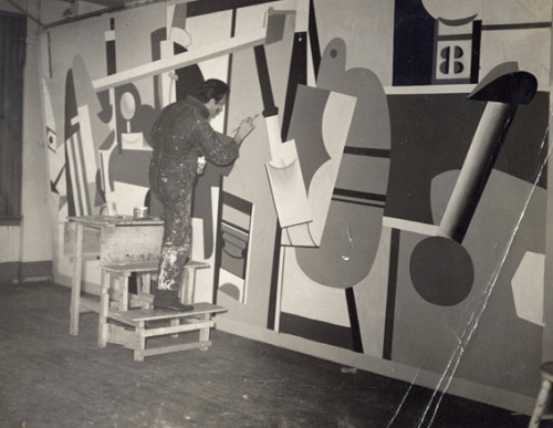 artistandstudio:Arshile Gorky at work on Activities on the Field, his mural project for the Newark A